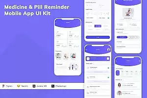药品和药丸提醒移动应用UI设计套件 Medicine & Pill Reminder Mobile App UI Kit